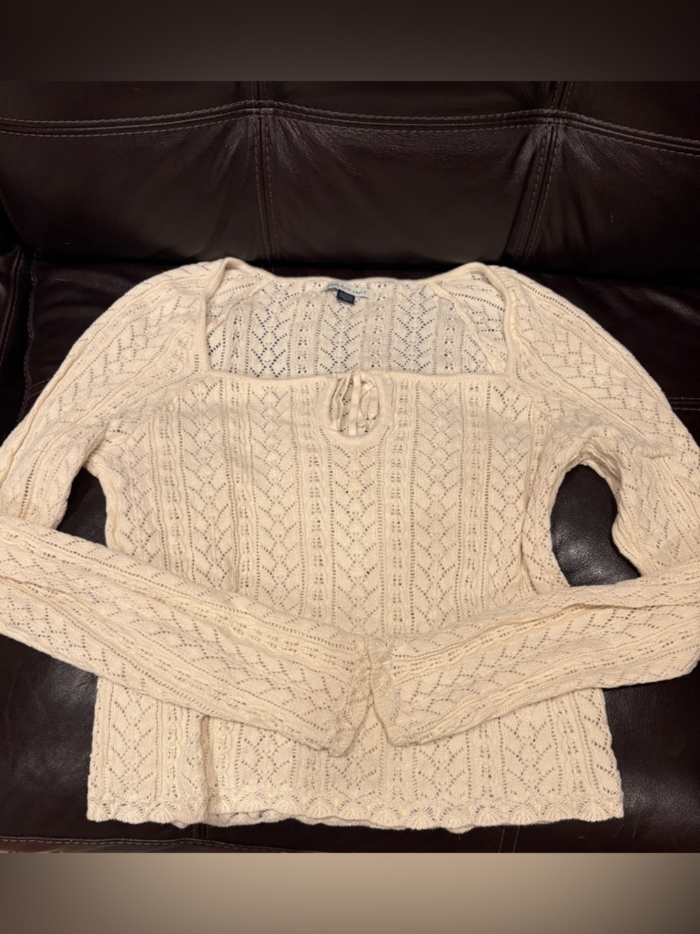 American Eagle low cut crochet tie neck sweater